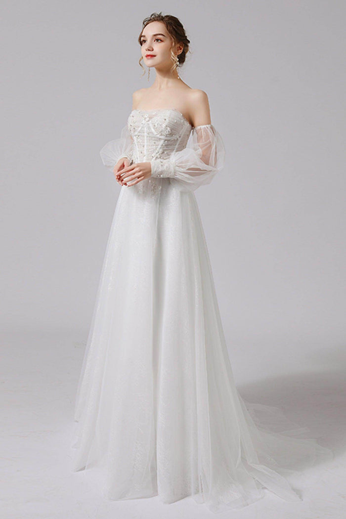 A-Line Floor Length Lace Tulle Wedding Dress CW2712 - COCOMELODY