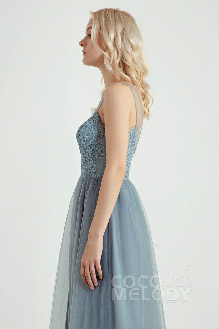 A-Line Floor Length Tulle Lace Bridesmaid Dress CB0439 - COCOMELODY