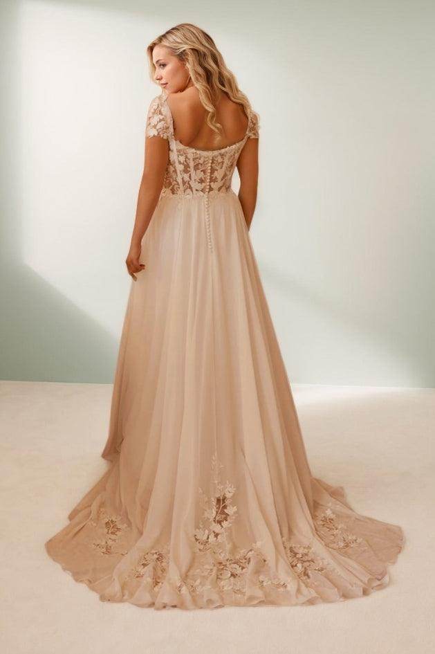 A-Line Sweep-Brush Train Lace Chiffon Wedding Dress CW3496 - COCOMELODY