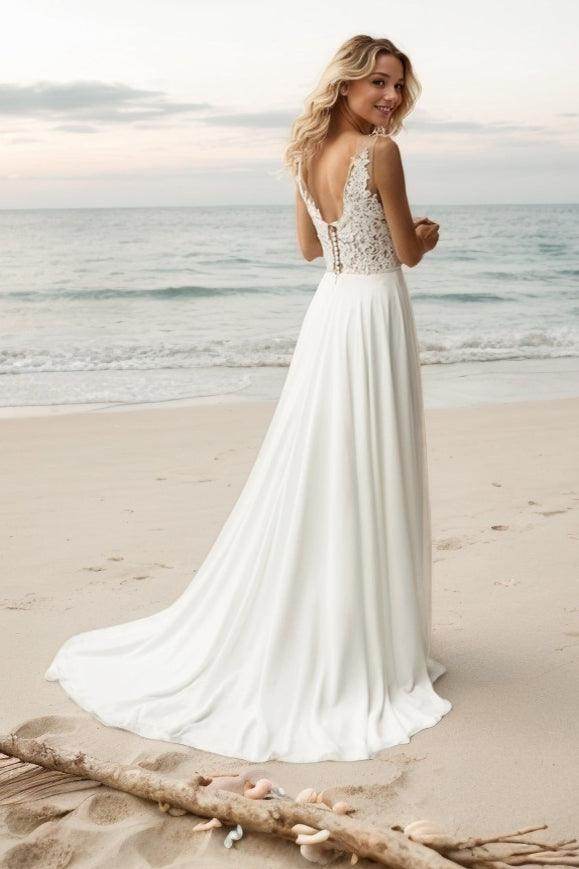 A-Line Sweep-Brush Train Lace Chiffon Wedding Dress CW3514 - COCOMELODY