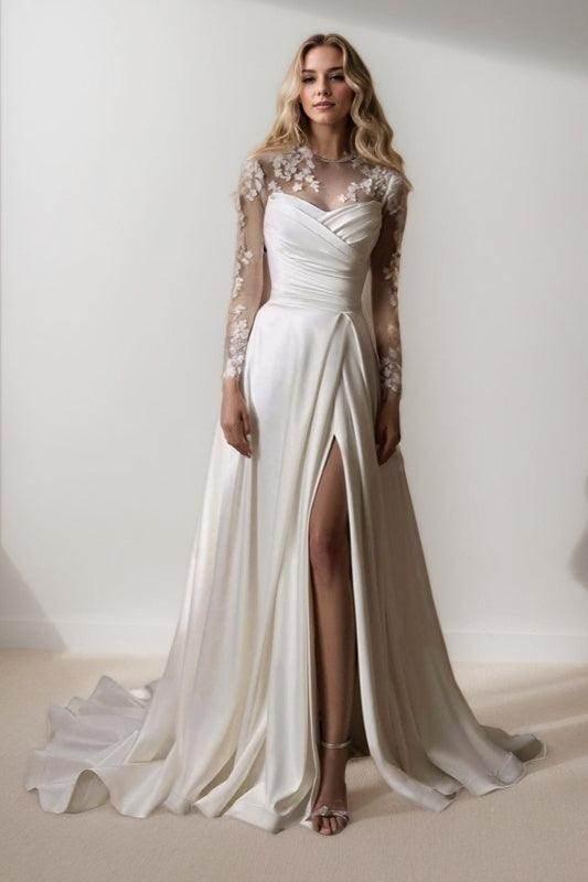 A-Line Sweep-Brush Train Lace Satin Wedding Dress CW3453CR - COCOMELODY
