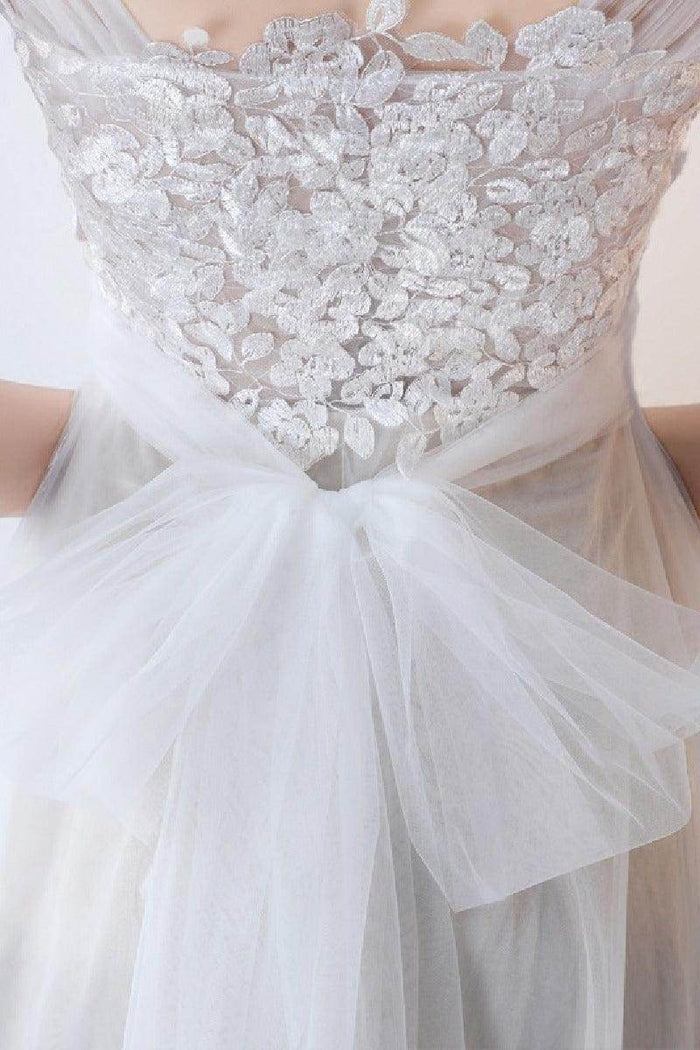 A-Line Sweep-Brush Train Lace Tulle Wedding Dress 623545078224 - COCOMELODY