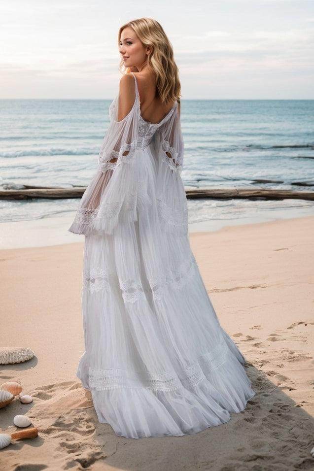 A-Line Sweep-Brush Train Lace Tulle Wedding Dress CW3497 - COCOMELODY
