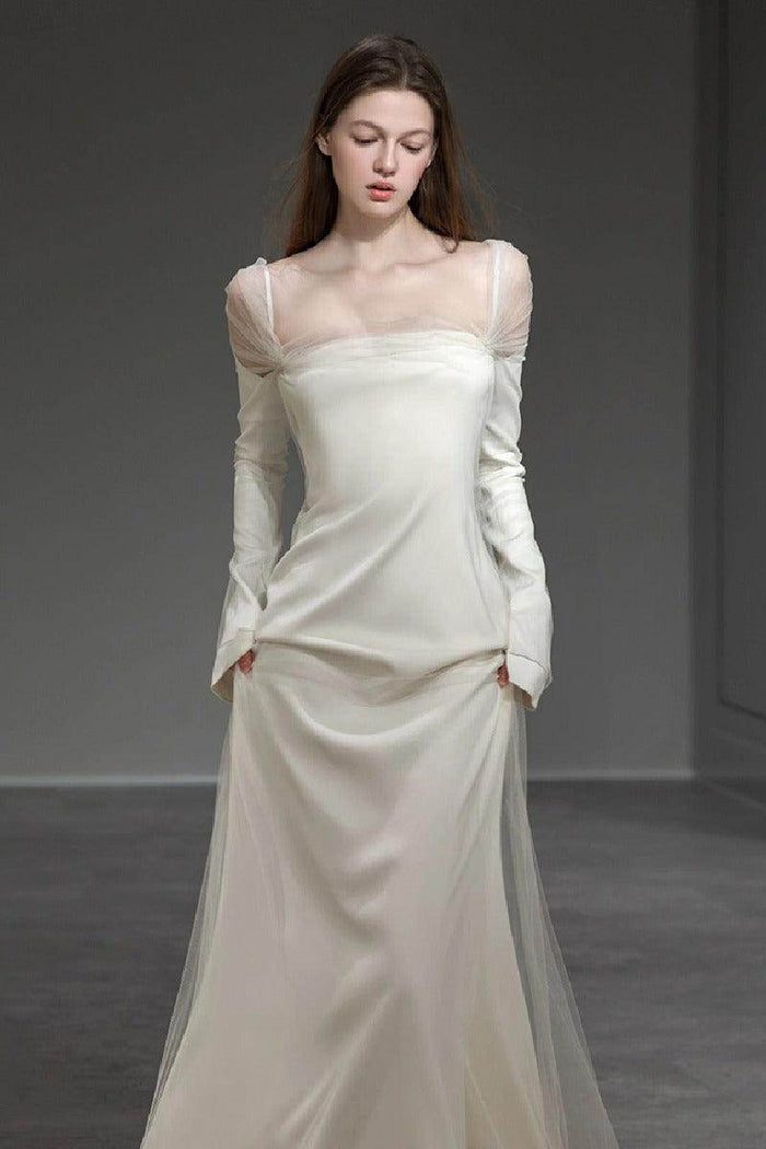 A-Line Sweep-Brush Train Satin Wedding Dress 743493384317 - COCOMELODY
