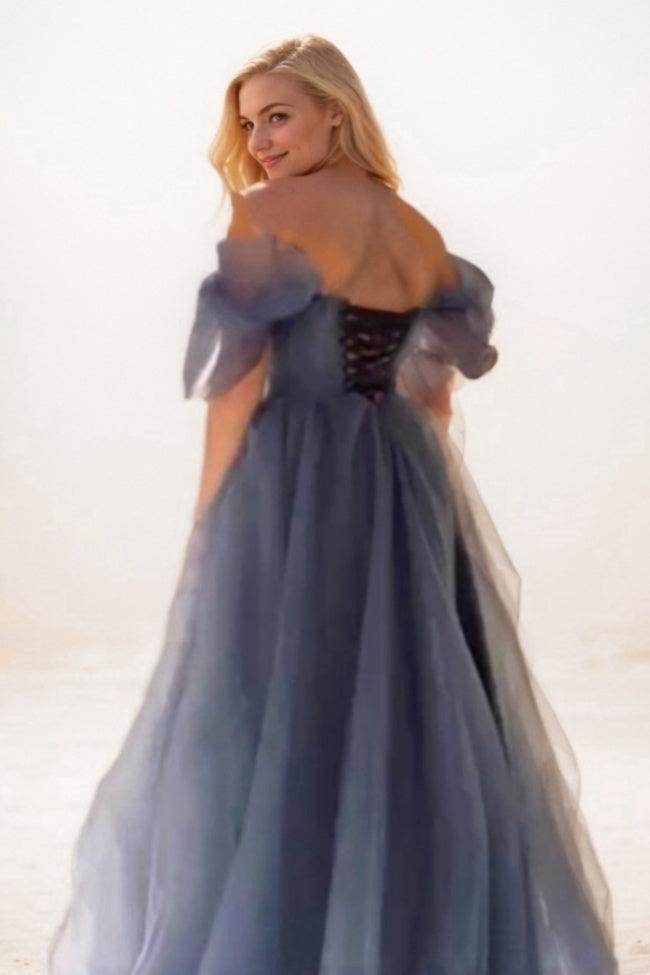 A-Line Sweep-Brush Train Tulle Prom Dress CS0705 - COCOMELODY