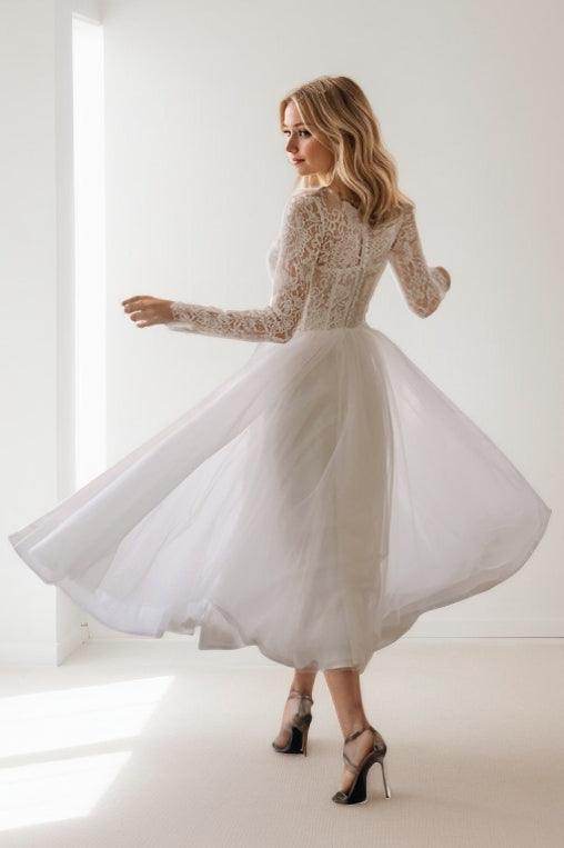 A-Line Tea Length Lace Tulle Wedding Dress CW3424 - COCOMELODY