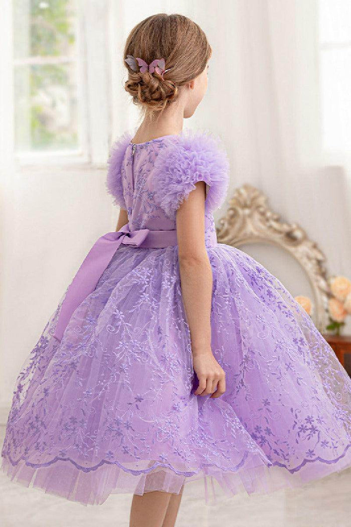 A-line/Princess Scoop Neck Knee-Length Lace Flower Girl Dress With Bowknot 769937282891 - COCOMELODY