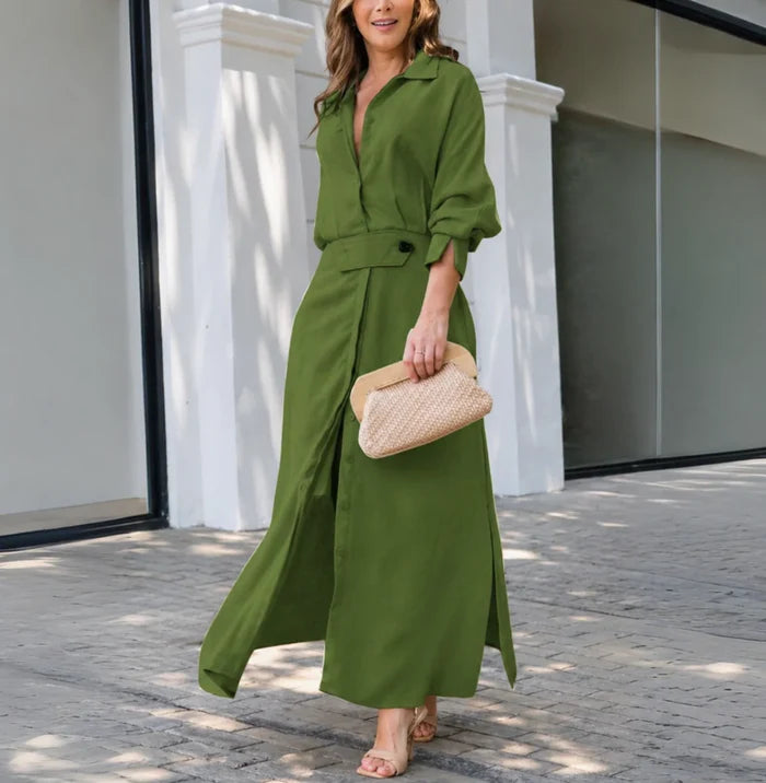 Aurora - Chic Women's Wedding Guest Maxi Dress with Shirt Collar and Belted Waist