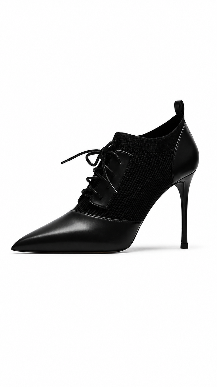 Black Lace-Up Pointed Toe Ankle Heels – NOVERA
