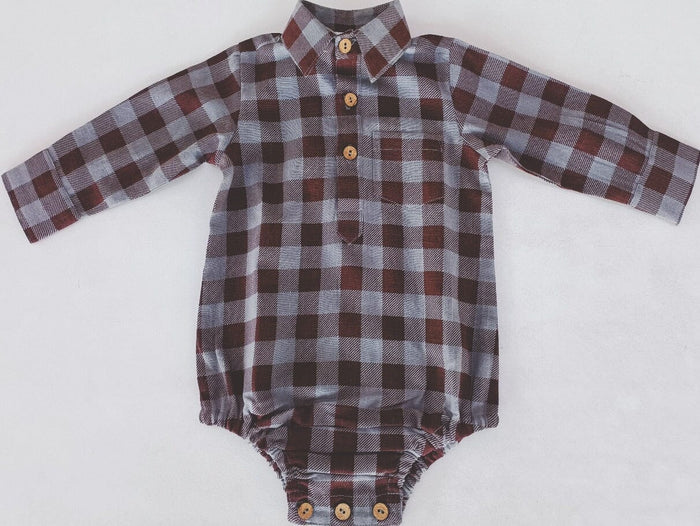 Burgundy Checkered Print Long Sleeve Baby Romper romper Yo Baby India
