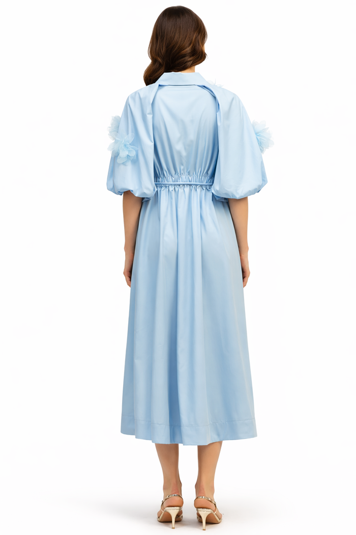 button-front midi dress with floral appliqué sleeves – AZURE