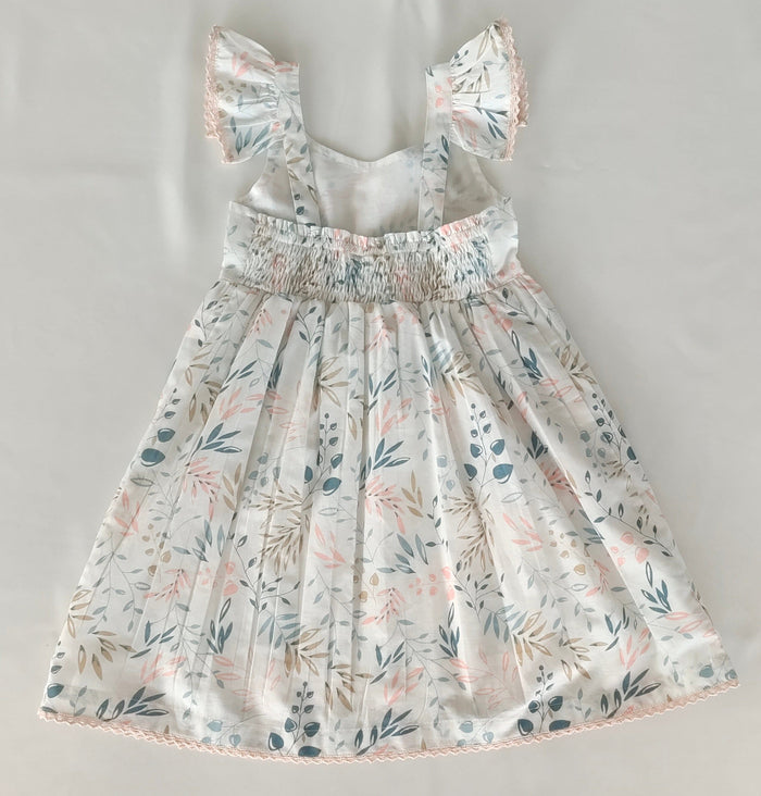 Charming Kids' White Dress with Light Pink Leaf Print and Lace Detailing DRESS Yo Baby India