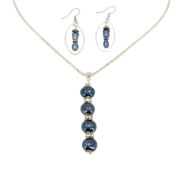 TAE253BUN $85 - Peacock Oval Frame Pearl Drop Earrings and Necklace Bundle