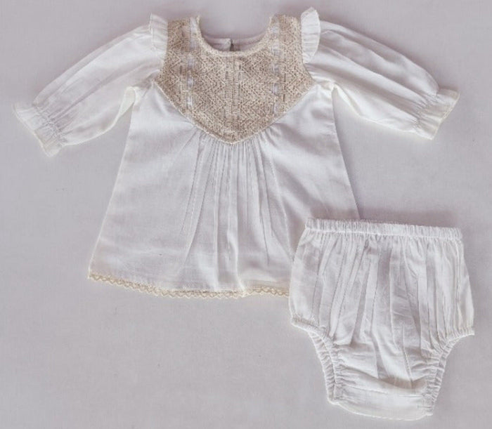 Ecru Long Sleeves Dress and Bloomers dress & diaper cover Yo Baby India