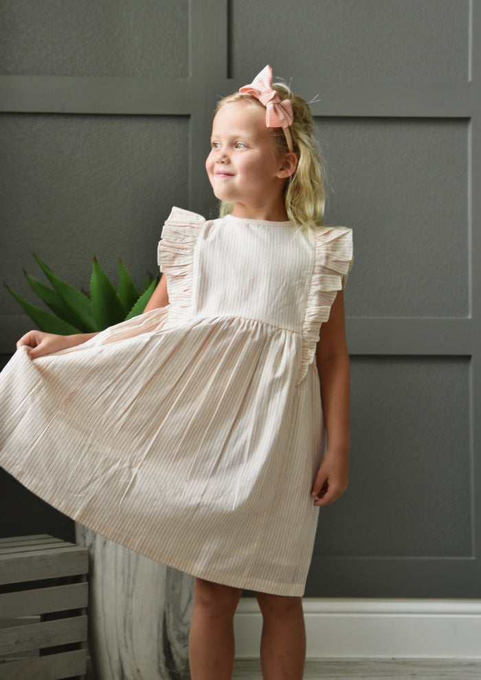 Ecru and Peach Pin Stripe Flutter Sleeves Dress and Bloomers Dress Yo Baby India