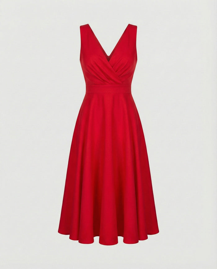 Ella - Elegant Women's Wedding Guest Dress with Wrap V-Neck and Flared Midi Skirt