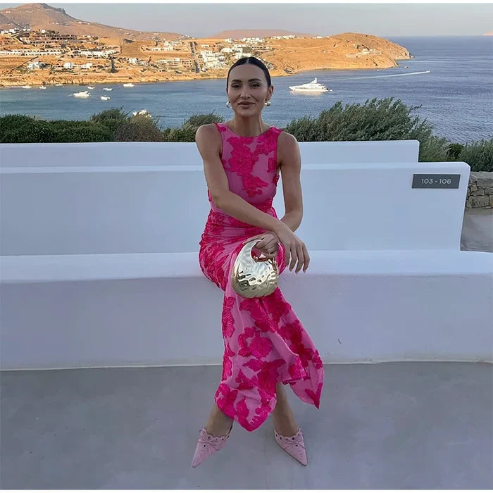 Emma - Elegant Women's Wedding Guest Dress with Floral Print and Maxi Length