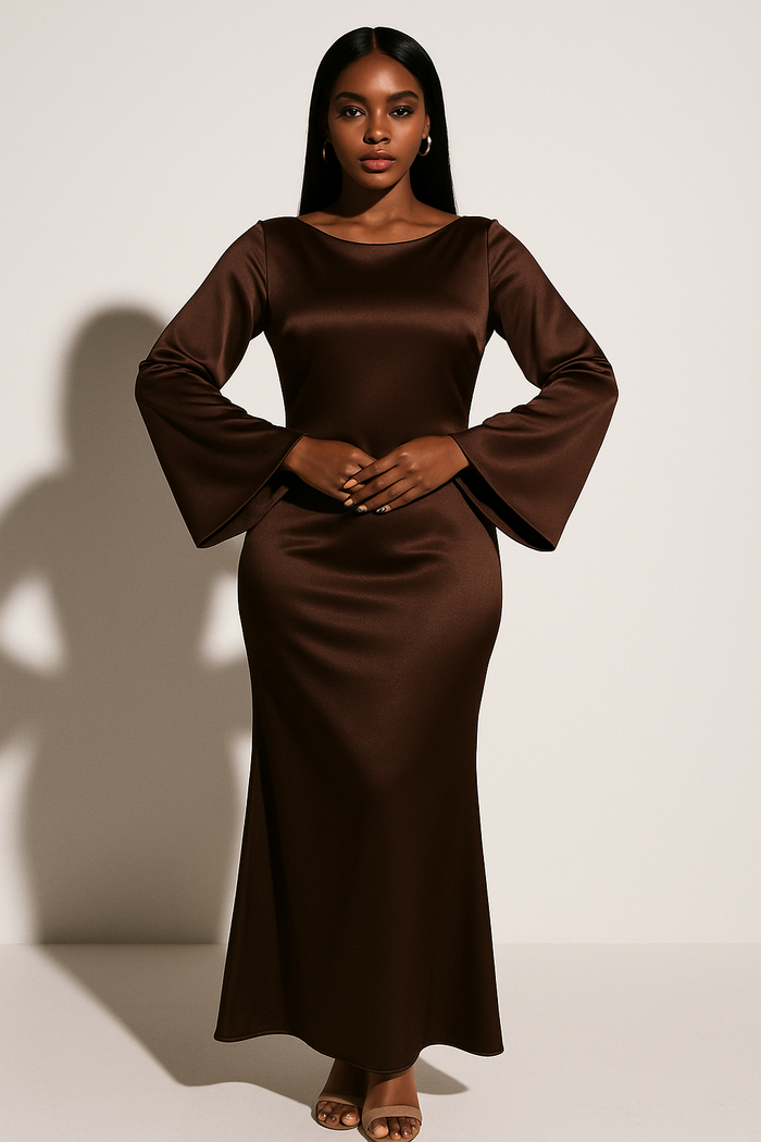 Evelyn - Women's Fall Wedding Guest Dress with Bell Sleeves and Mermaid Hem