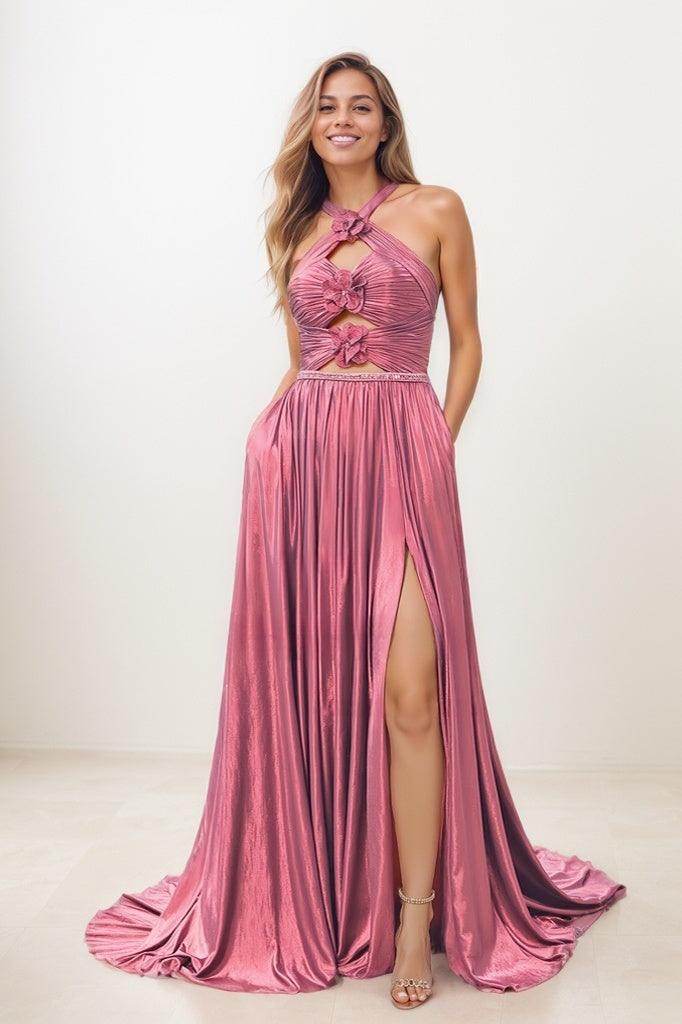 Flower(s) Halter Pleated High Split A Line Sweep Train PromDress CS0817 - COCOMELODY