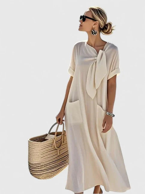 Grace - Casual Women's Maxi Dress with Bow Neckline and Patch Pockets
