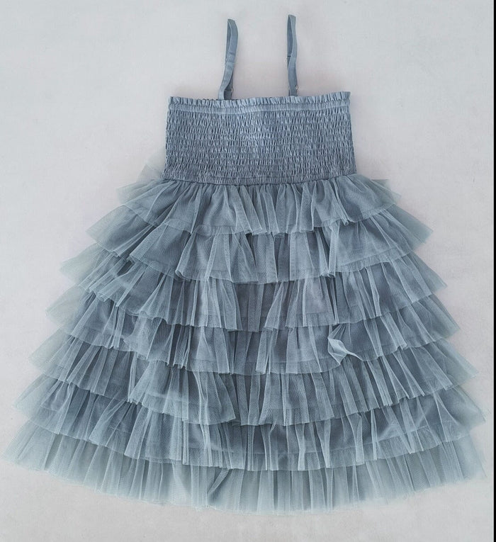 Grey Tulle Solid Color Tiered Ruffle Dress dress Yo Baby India