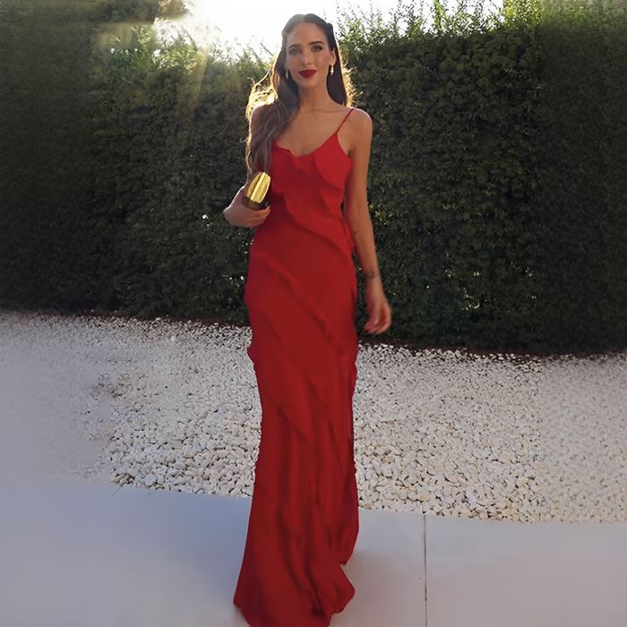 Harper - Elegant Women's Wedding Guest Maxi Dress with Ruffle Detail and Thin Straps