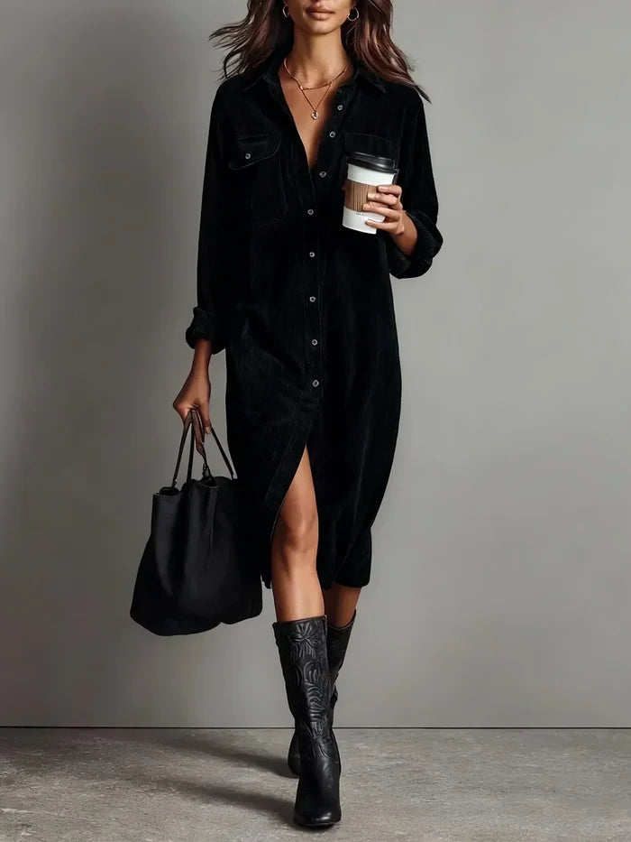 Harper - Elegant Women's Wedding Guest Midi Dress with Button-Down Collar and Side Split
