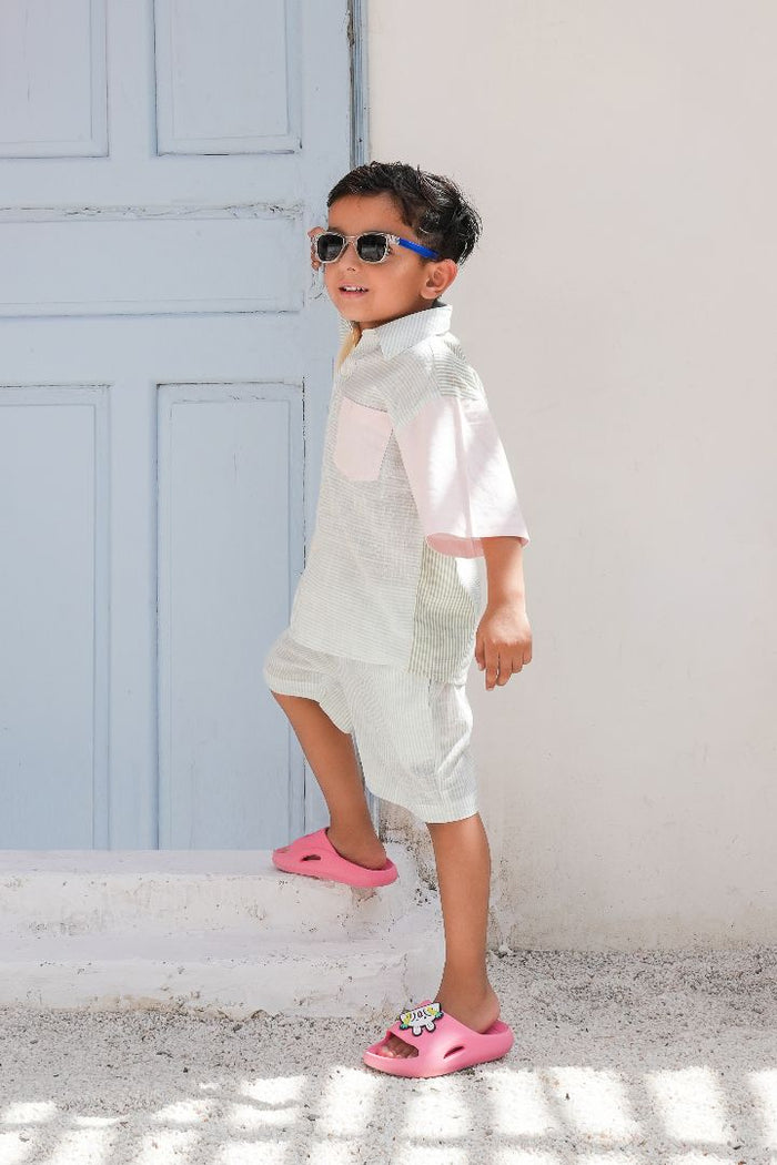 Henry Shirt & Shorts Set – Soft Pastels | Gender-Neutral Cotton Outfit with Blue Striped Shorts for Infant, Toddler & Tween