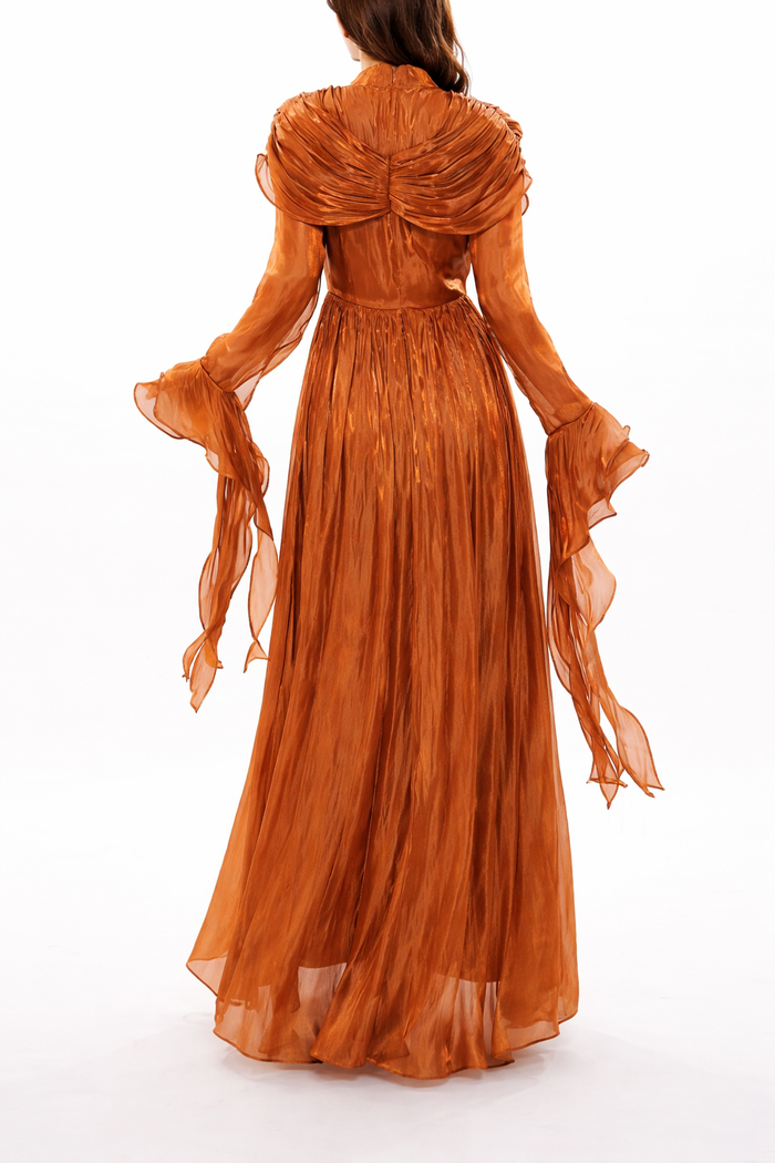 High-neck draped chiffon maxi dress with pleated skirt – AMARA