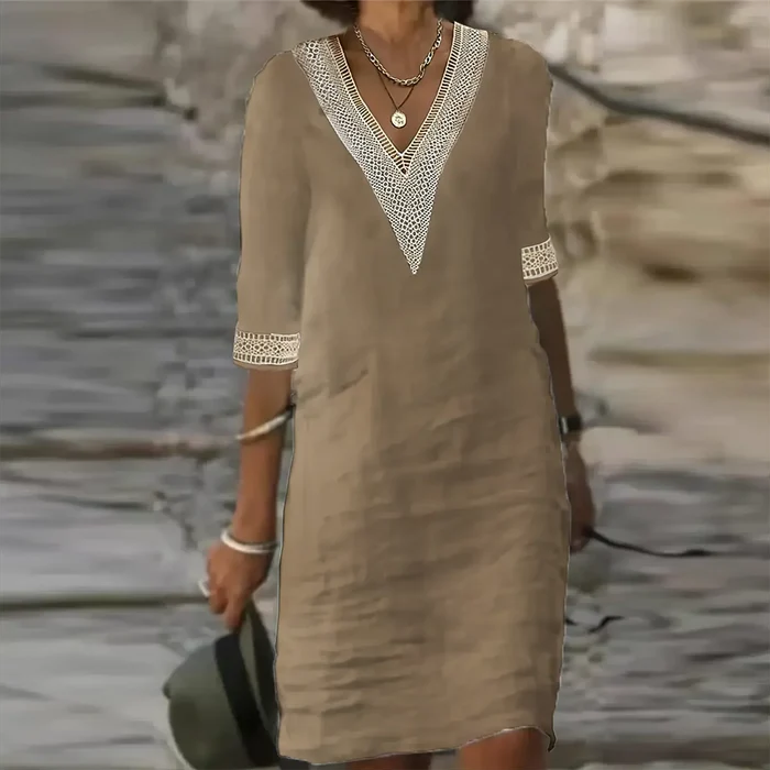 Isabella - Casual Women's Summer Dress with V-Neck and Crochet Trim Detail