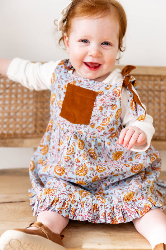 Reversible Solid Rust Corduroy & Rust Floral Printed Ruffle Dress DRESS Yo Baby India