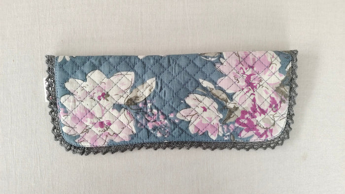 Kids' Cotton Grey Floral & Stripe Printed Pencil Pouch with Magnetic Closure and Lace Details PURSE Yo Baby India