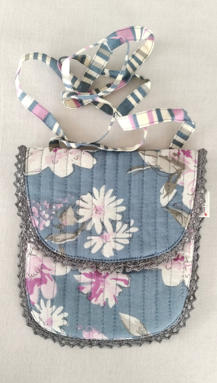 Grey Floral & Stripe Kids' Small Tote Bag with Magnetic Closure and Lace Detailing PURSE Yo Baby India