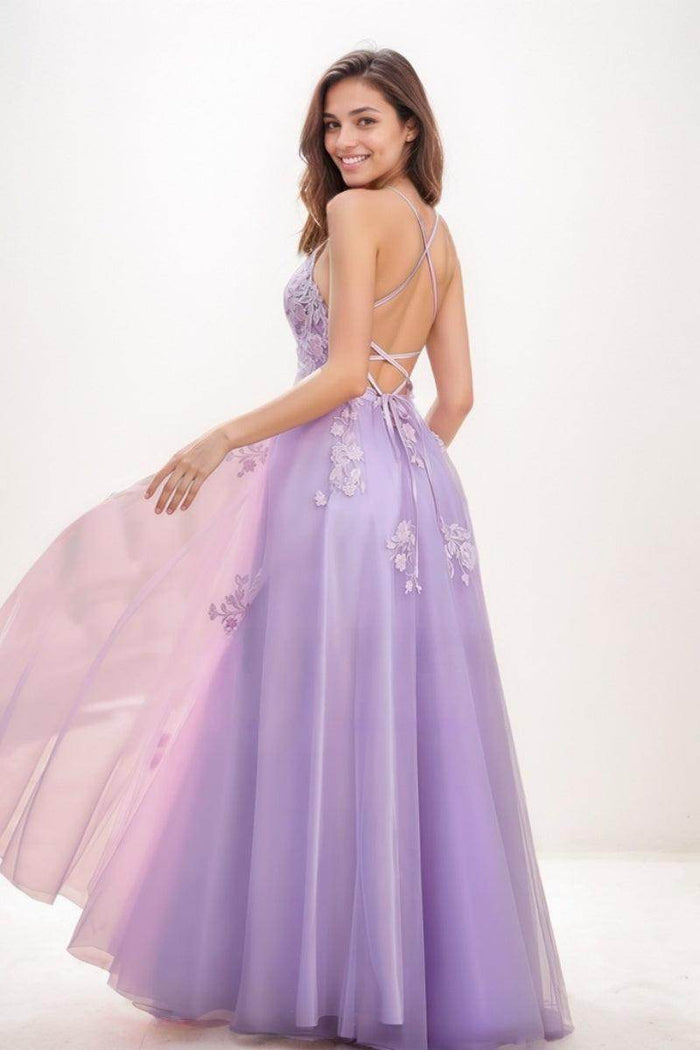 Lace V-Neck Corset A-Line Floor-Length Tulle Prom Dresses CS0723 - COCOMELODY
