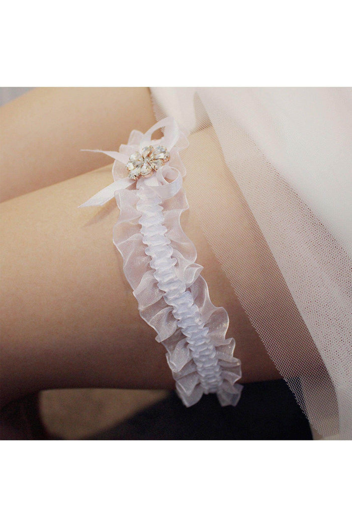Lace Wedding Garter with Diamond and Ribbon Bows CZ0321 - COCOMELODY