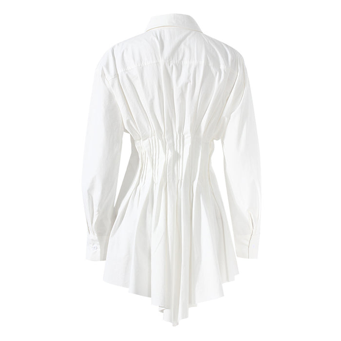 long-sleeve button-down shirt with ruched waist and flared hem – CLEO