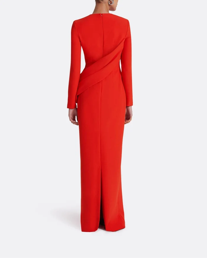 long-sleeve column gown with asymmetrical drape – FIERY-1