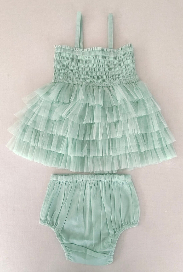 Mint Blue Tiered Tulle Dress with Nylon Net Frills and Adjustable Straps dress & diaper cover Yo Baby India