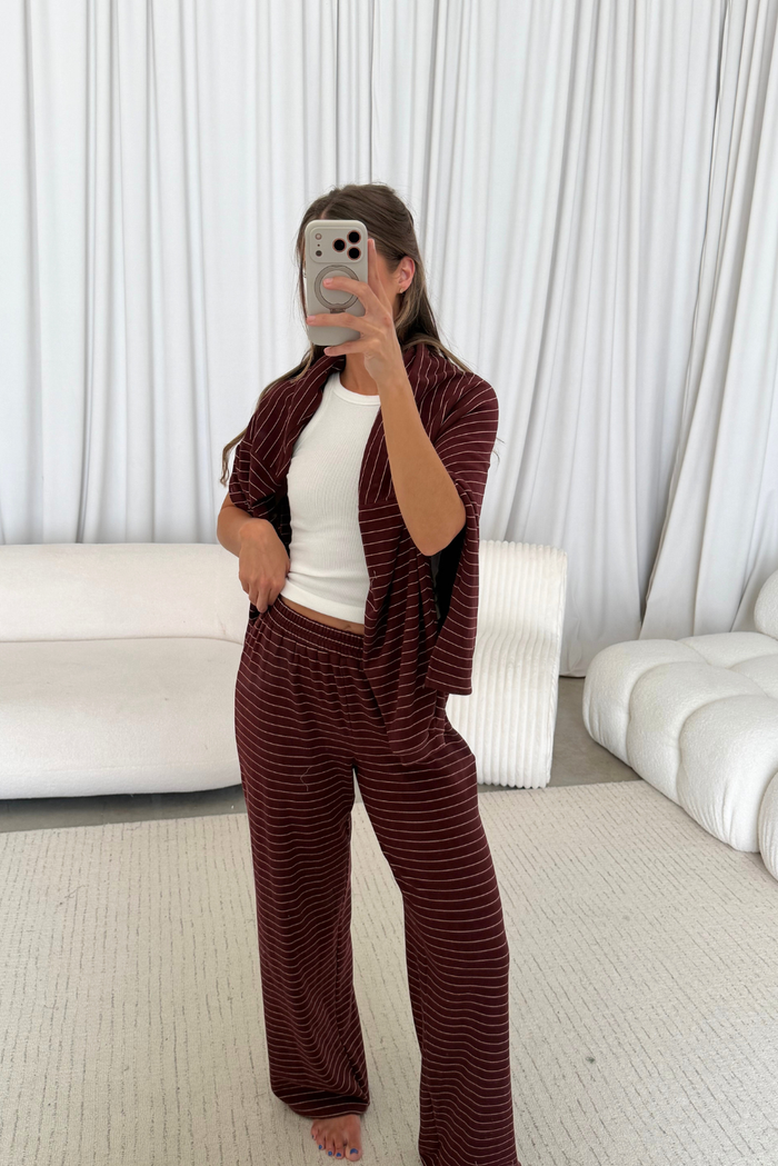 Naomi Striped Oversized Fleece Long Sleeve Top in Burgundy/Cream