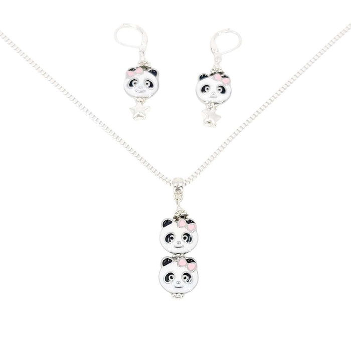 TAN267BUN $86 - Double Panda Pendant Silver Plate Necklace and Earrings Bundle