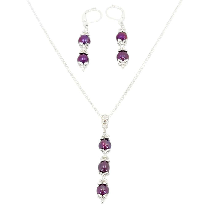 TAN274BUN $78 - Purple Triple Spaced Pearl Pendant Silver Plate Necklace and Earrings Bundle