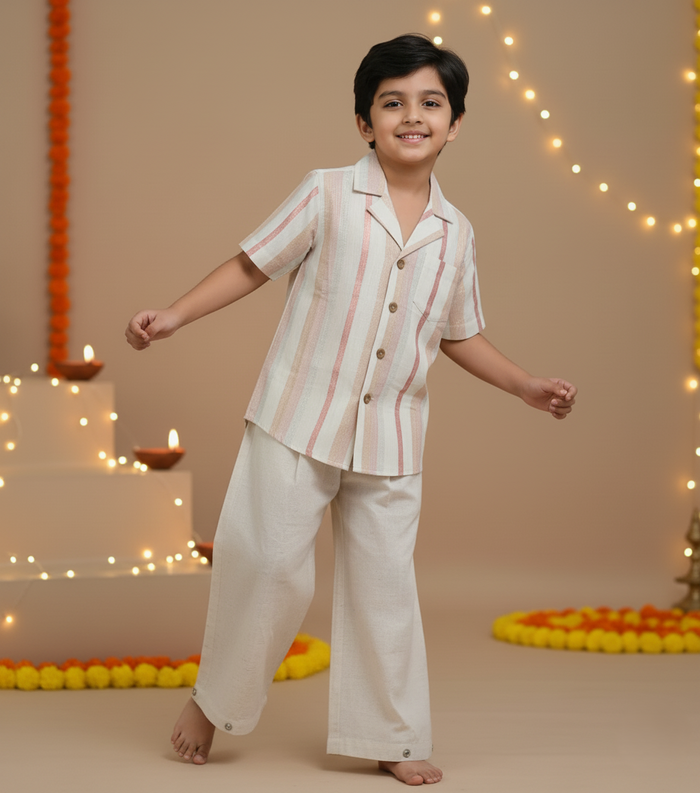 Off-White Multi-Color Lurex Boys Shirt & Pants Set