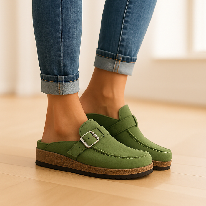 Olivia - Casual Women's Clogs with Cork Sole and Buckle Detail