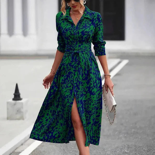 Olivia - Trendy Women's Maxi Dress with Shirt Collar and Tie Waist