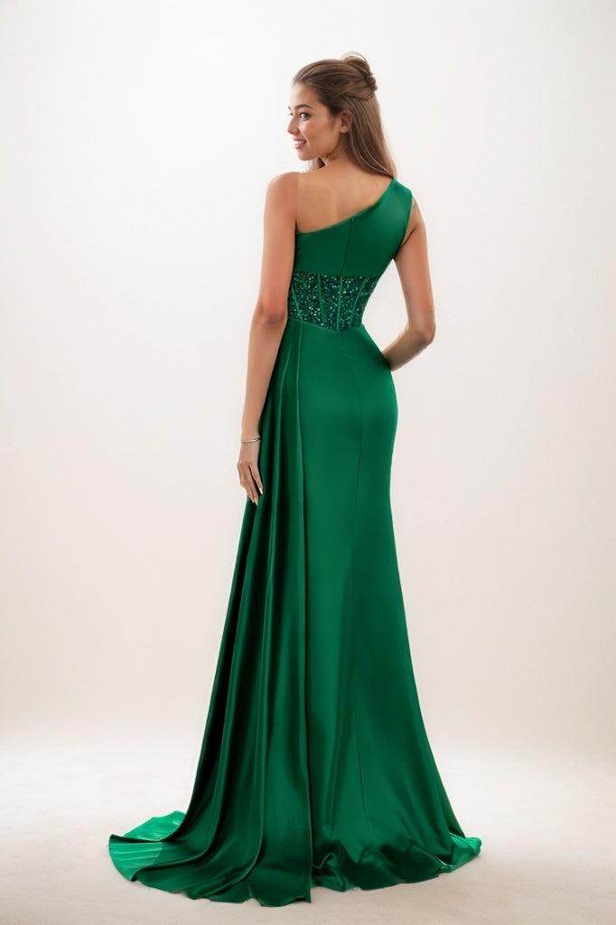 One-Shoulder Sequins High Split Satin Prom Dresses CS0797 - COCOMELODY