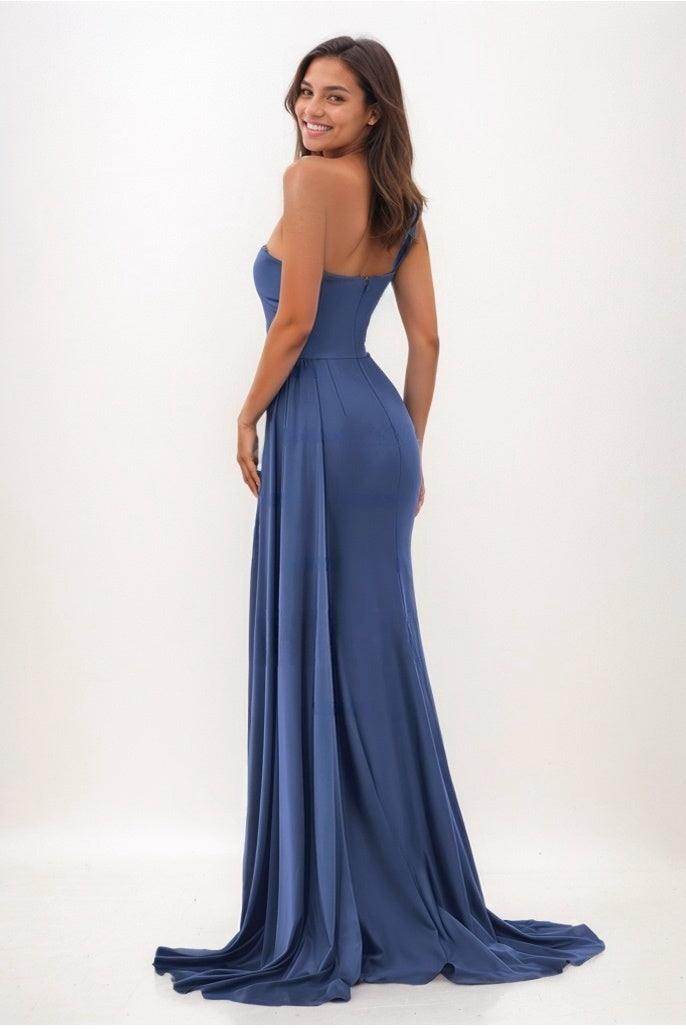 One-Shoulder Sweep Train Satin Prom Dresses With CS0772 - COCOMELODY