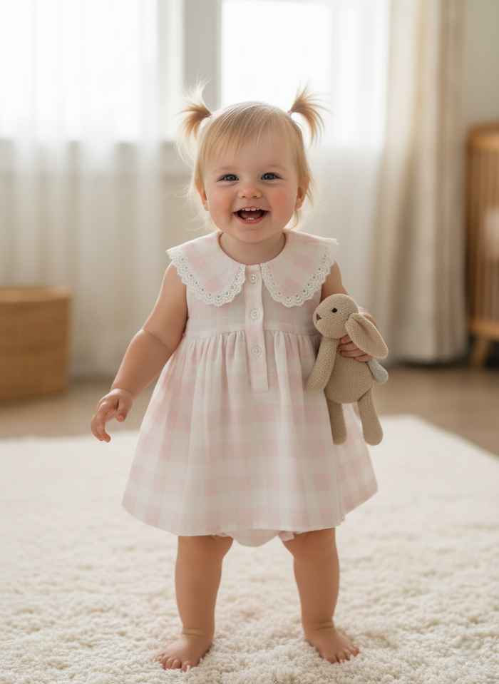 Oversized Collars Check Dress Soft Pink — Cotton Girls Dress | Infant to Tween 0-13 Years