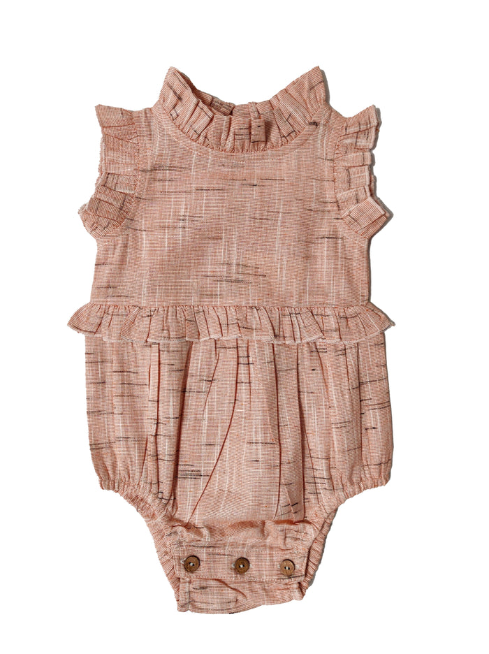 Peach Self Weaving Infant Frill Romper – Baby Girl Romper with Adjustable Back & Diaper-Friendly Bottom