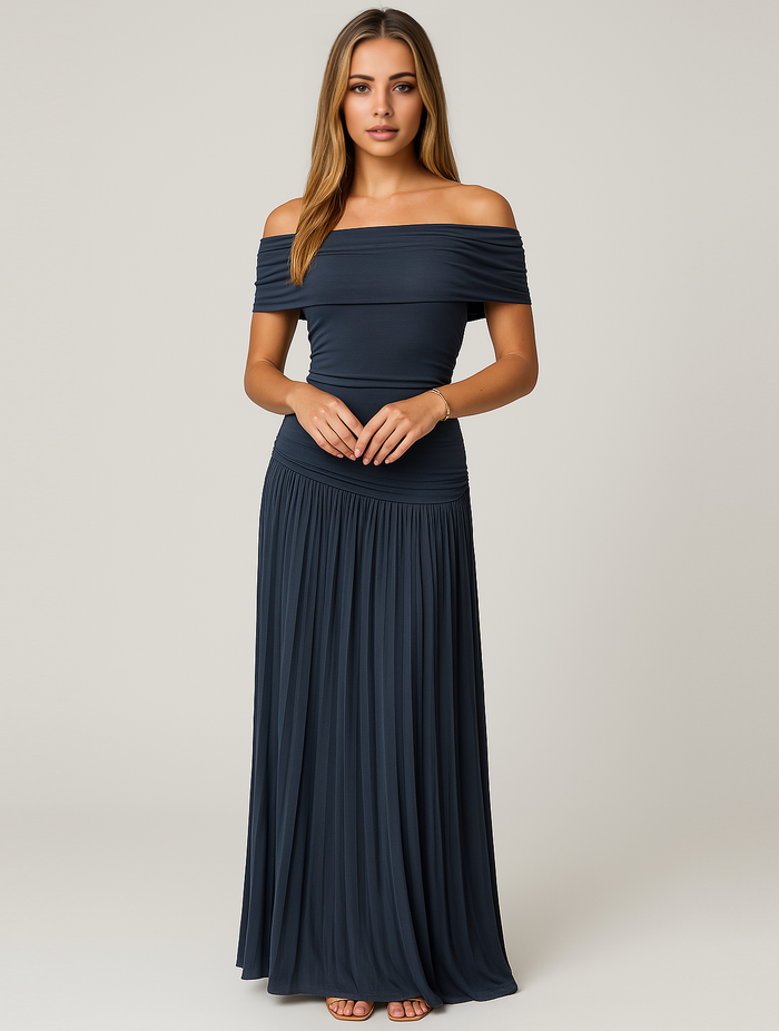 Penelope - Elegant Women's Wedding Guest Maxi Dress with Off Shoulder Neckline and Pleated Skirt