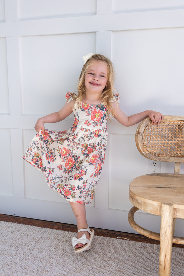 Pink Floral Print Sleeve Ruffled Gathered Dress dress & diaper cover Yo Baby India